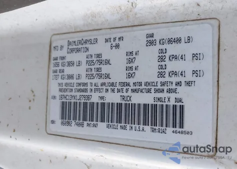 2001 Dodge Ram 1500 St z USA, uszkodzony, nr VIN 1B7HC13YX1J279387